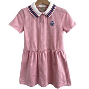 Gucci Sz 5 Girls Polo Dress Logo Jacquard Pink Cotton School Vacation Brunch